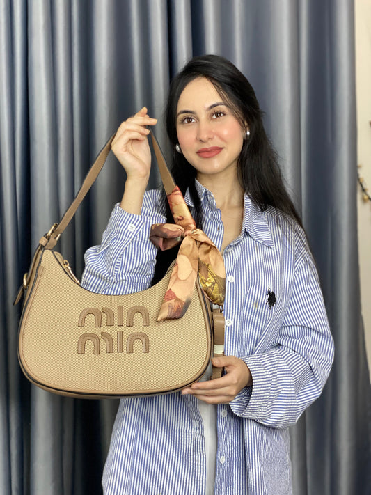 Beige Textured Shoulder Bag with Scarf Detail