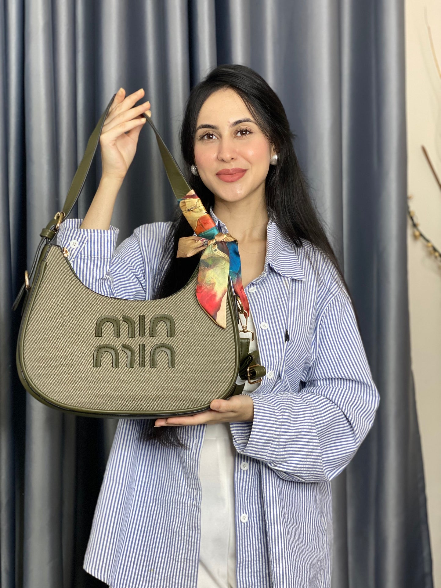 Green Textured Shoulder Bag with Scarf Detail