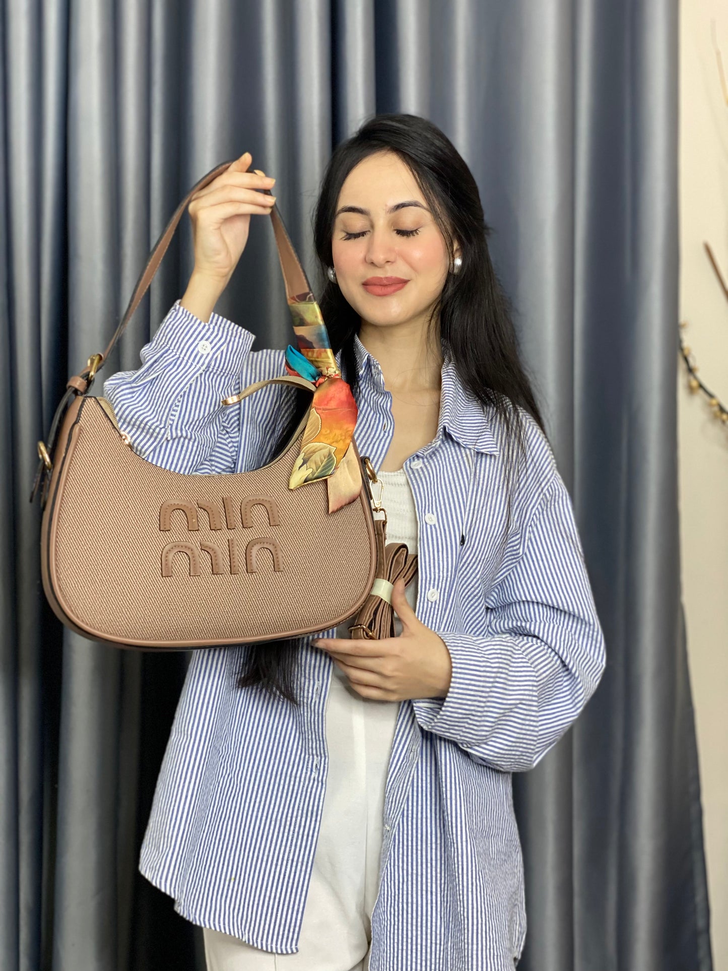 Onion Textured Shoulder Bag with Scarf Detail