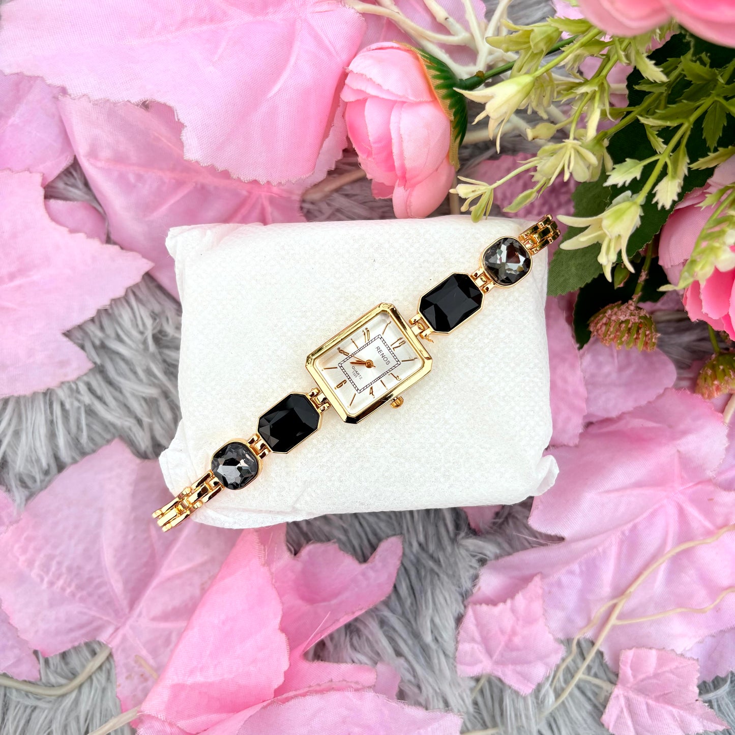 Luxury Black Stone Gold Bracelet Ladies Watch