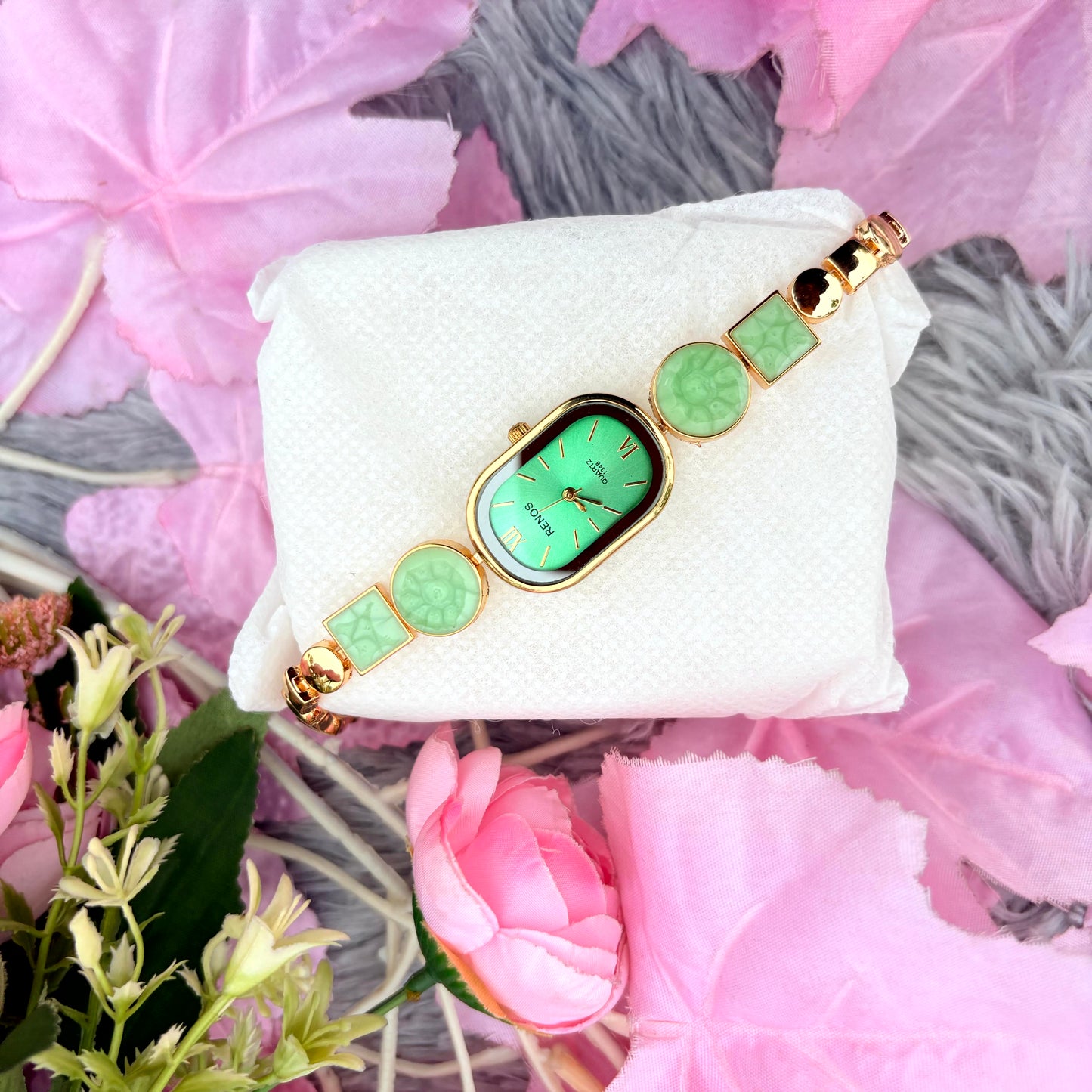 Mint Green Stone Rose Gold Ladies Bracelet Watch