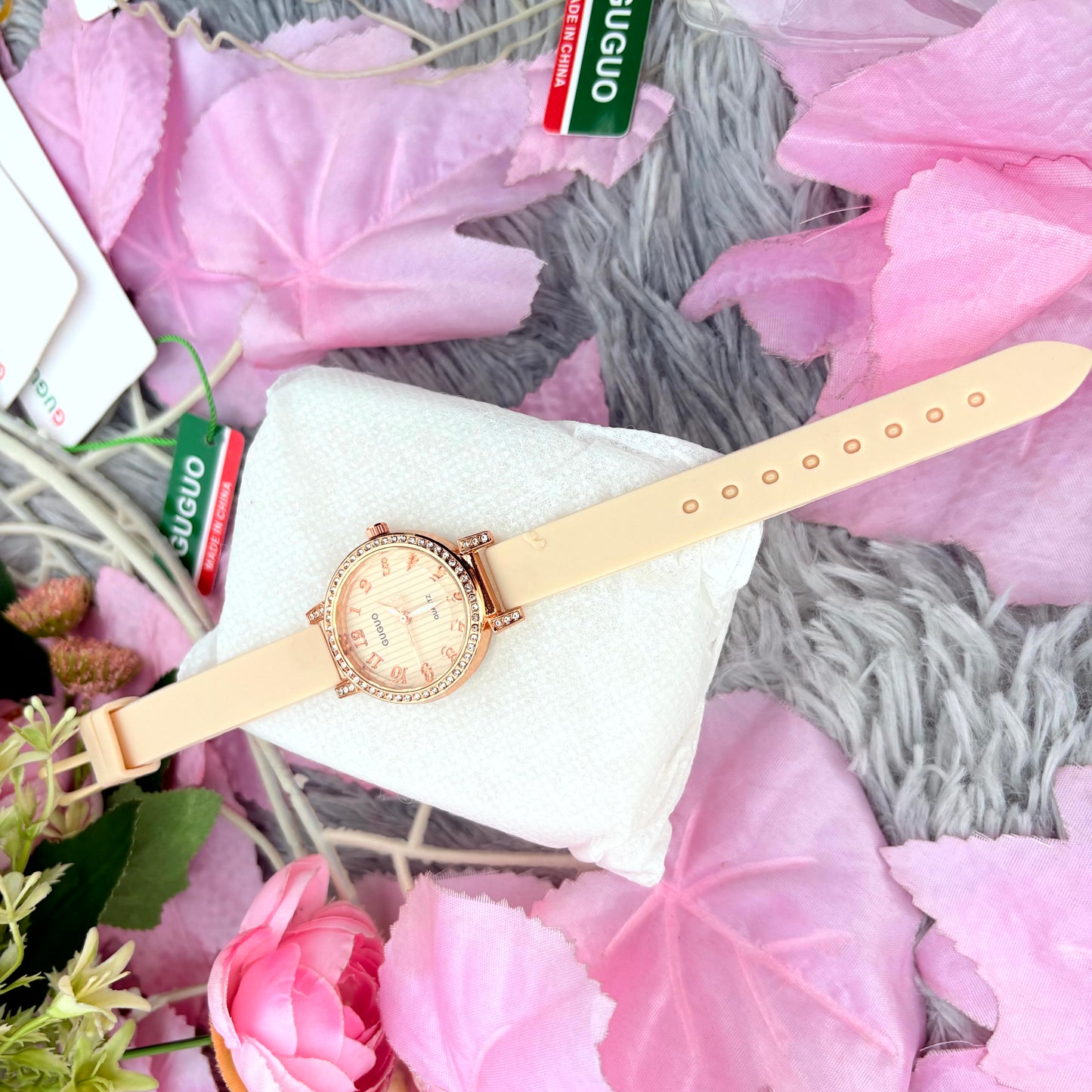 Elegant Cream Strap Rose Gold Ladies Watch