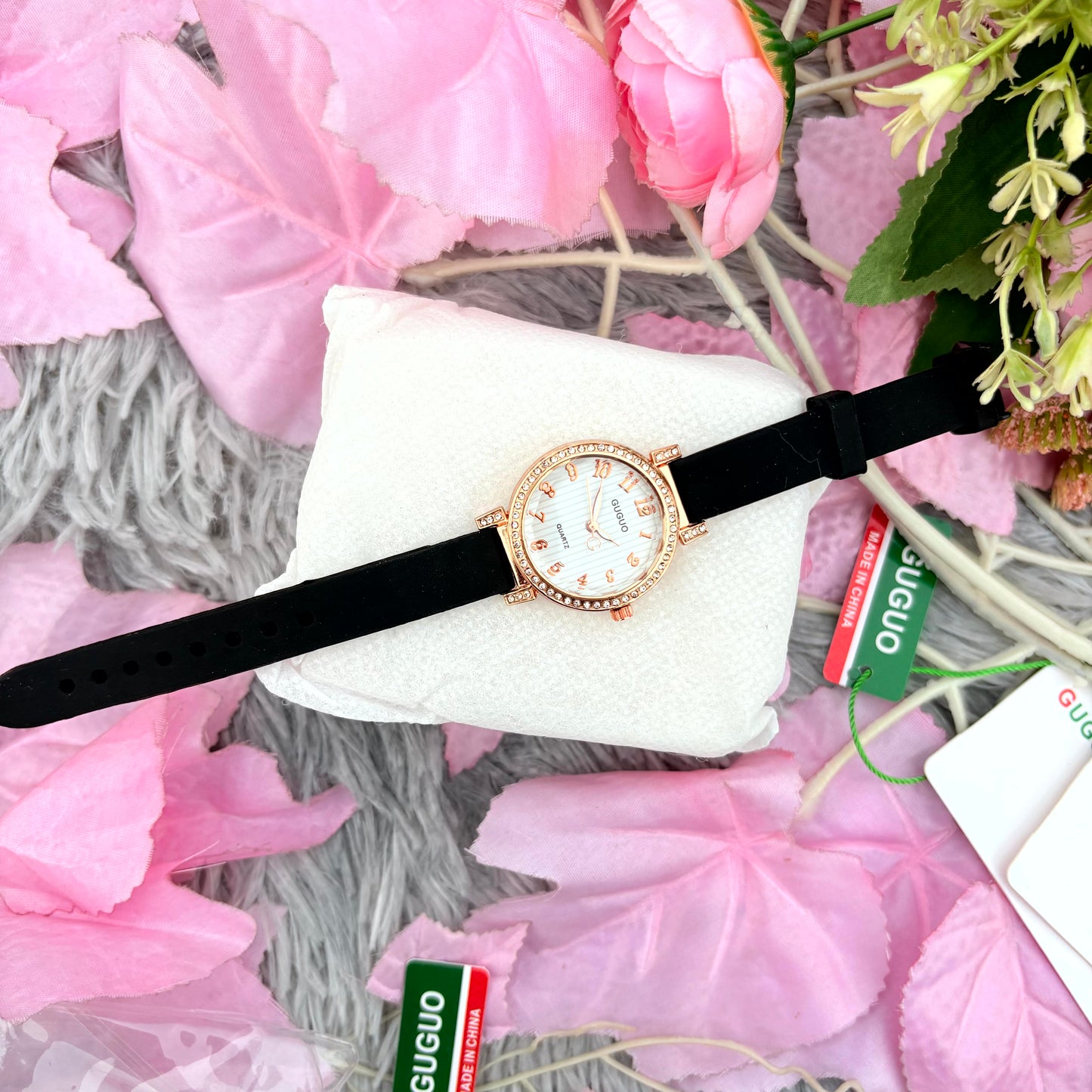 Elegant Black Strap Rose Gold Women’s Watch