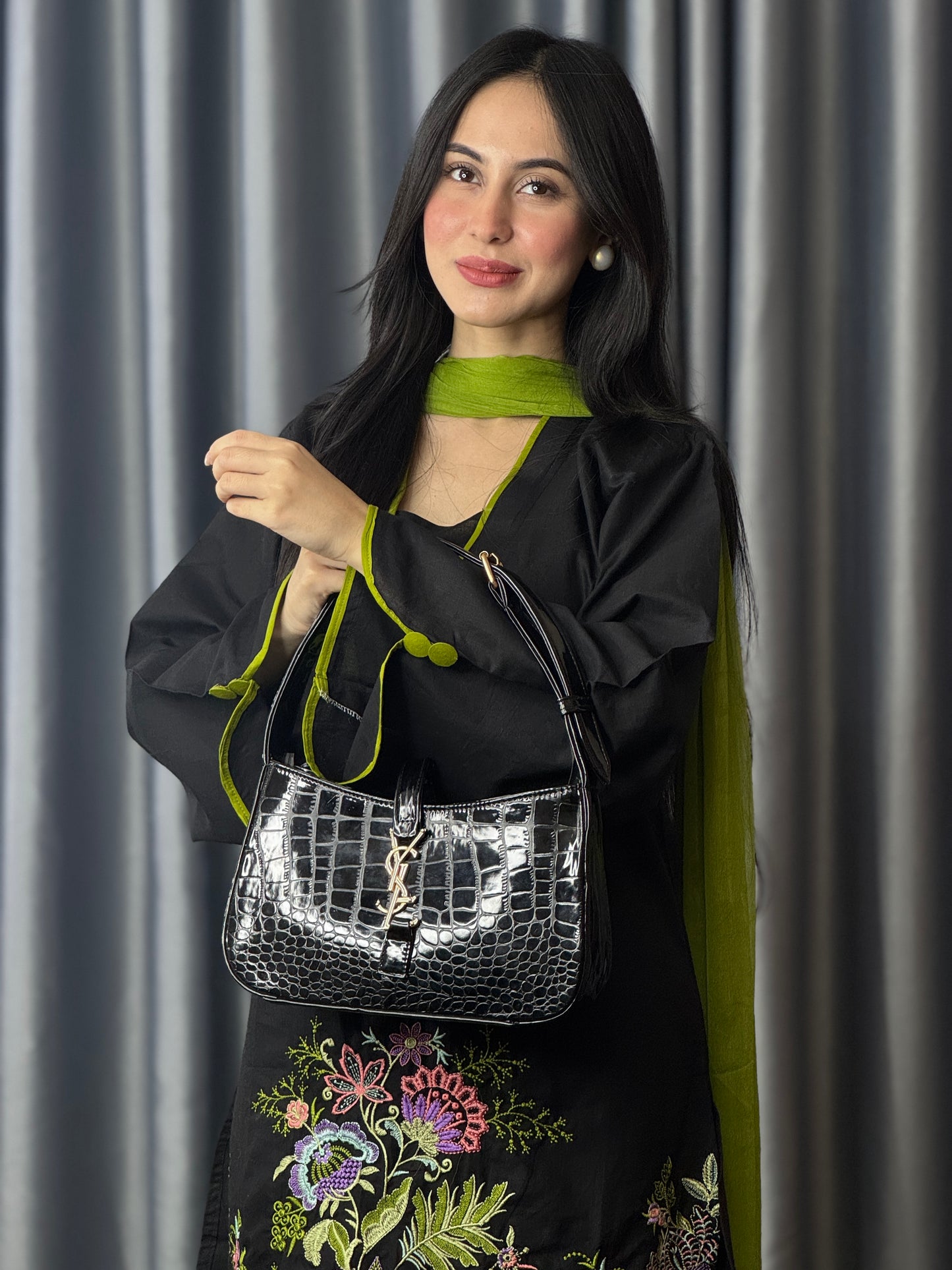 Black Croc-Texture Shoulder Bag with Gold Accent