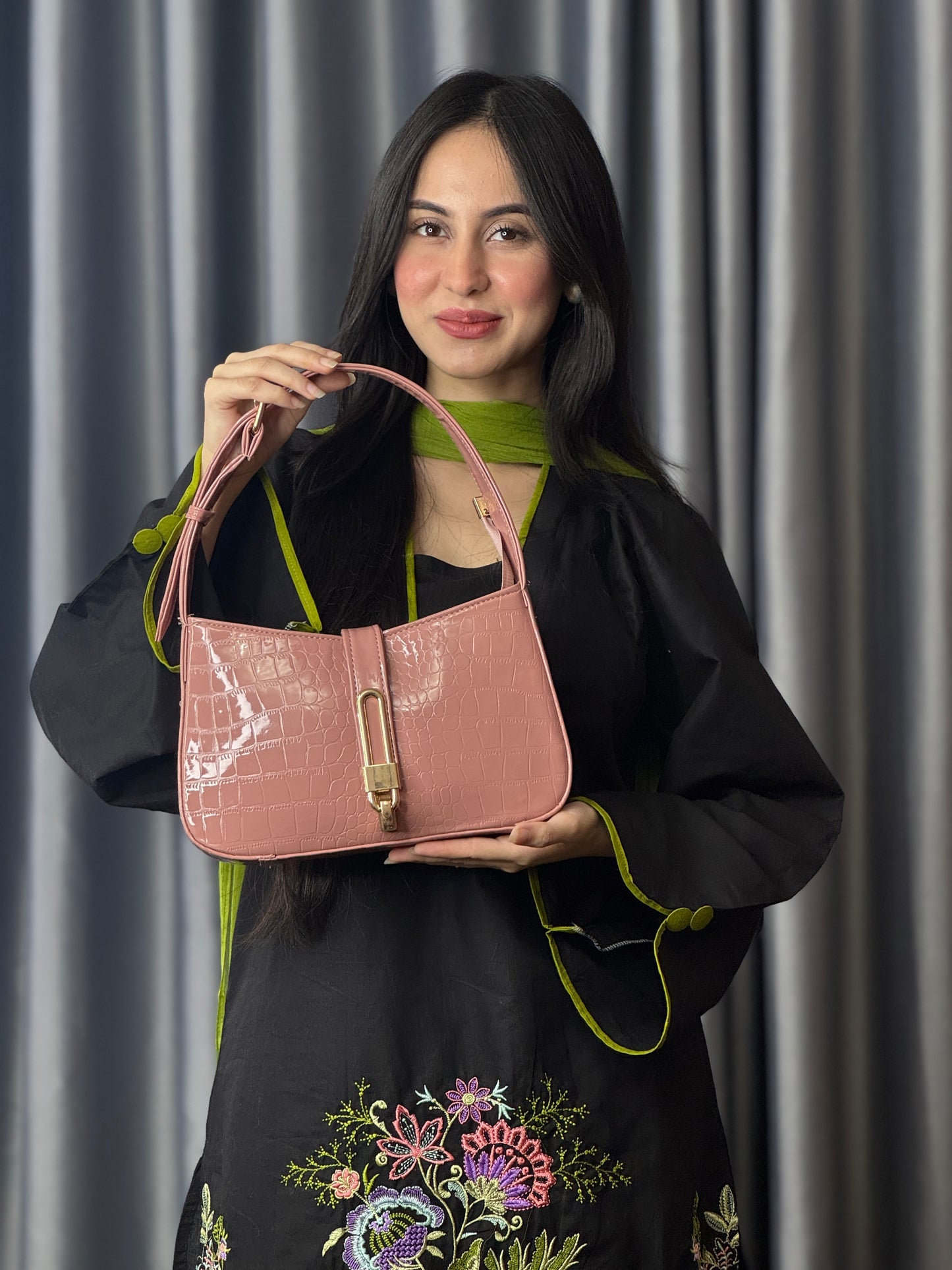 Blush Pink Croc-Texture Shoulder Bag with Gold Lock Detail