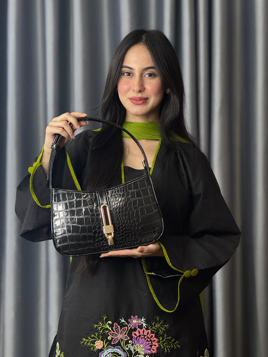 Black Croc-Texture Shoulder Bag with Gold Lock Detail