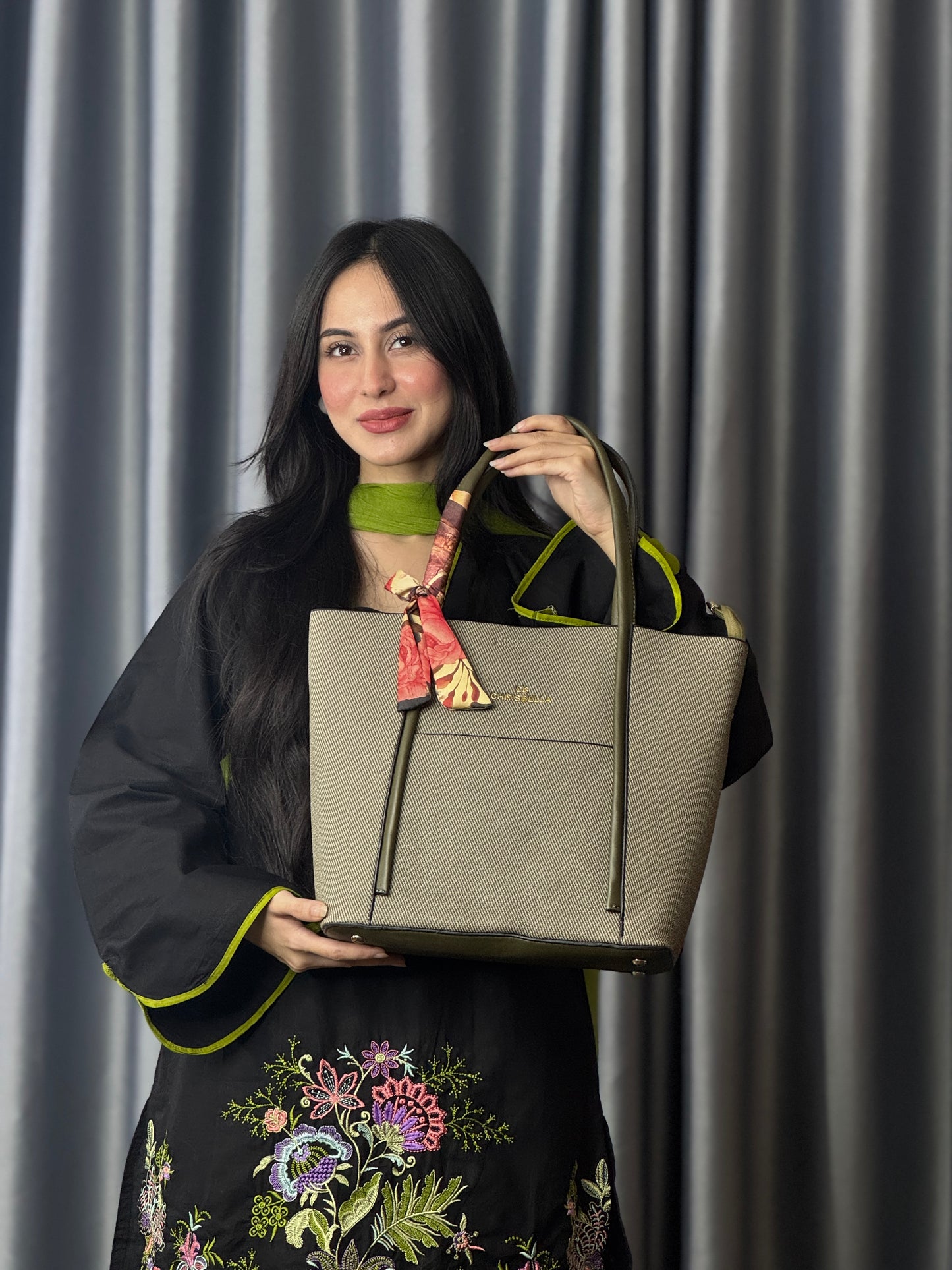 Olive Textured Tote Bag with Scarf Detail