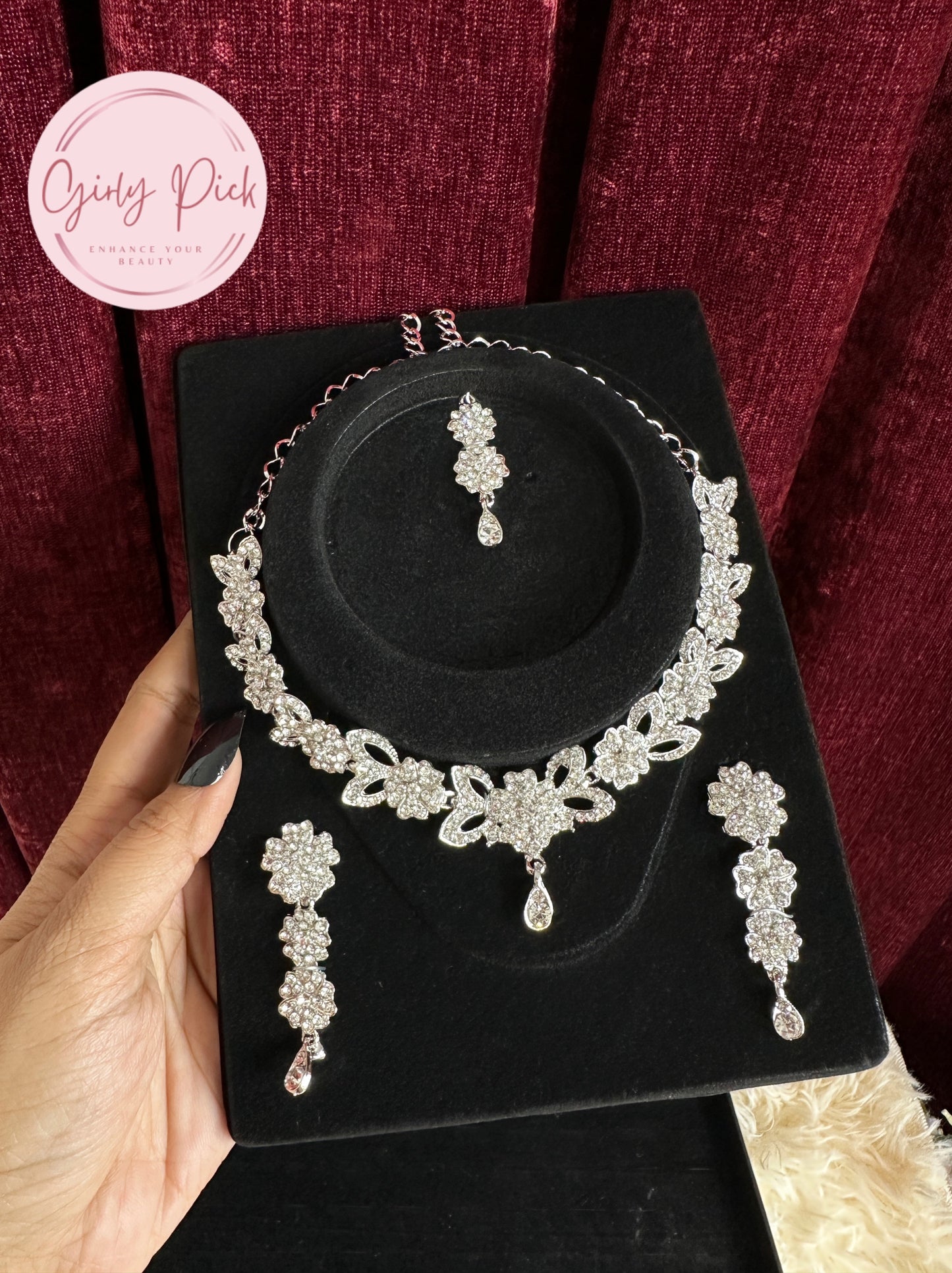 Silver-Tone Crystal Bridal Necklace Set with Matching