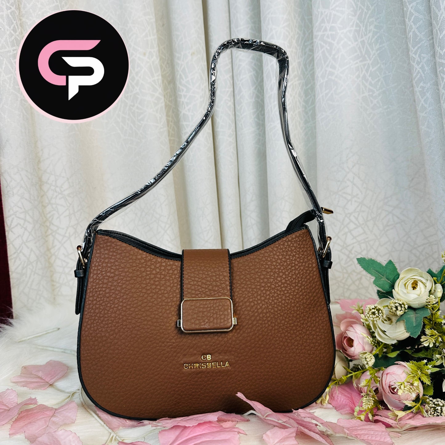 Brown Pebbled Shoulder Bag with Adjustable Strap