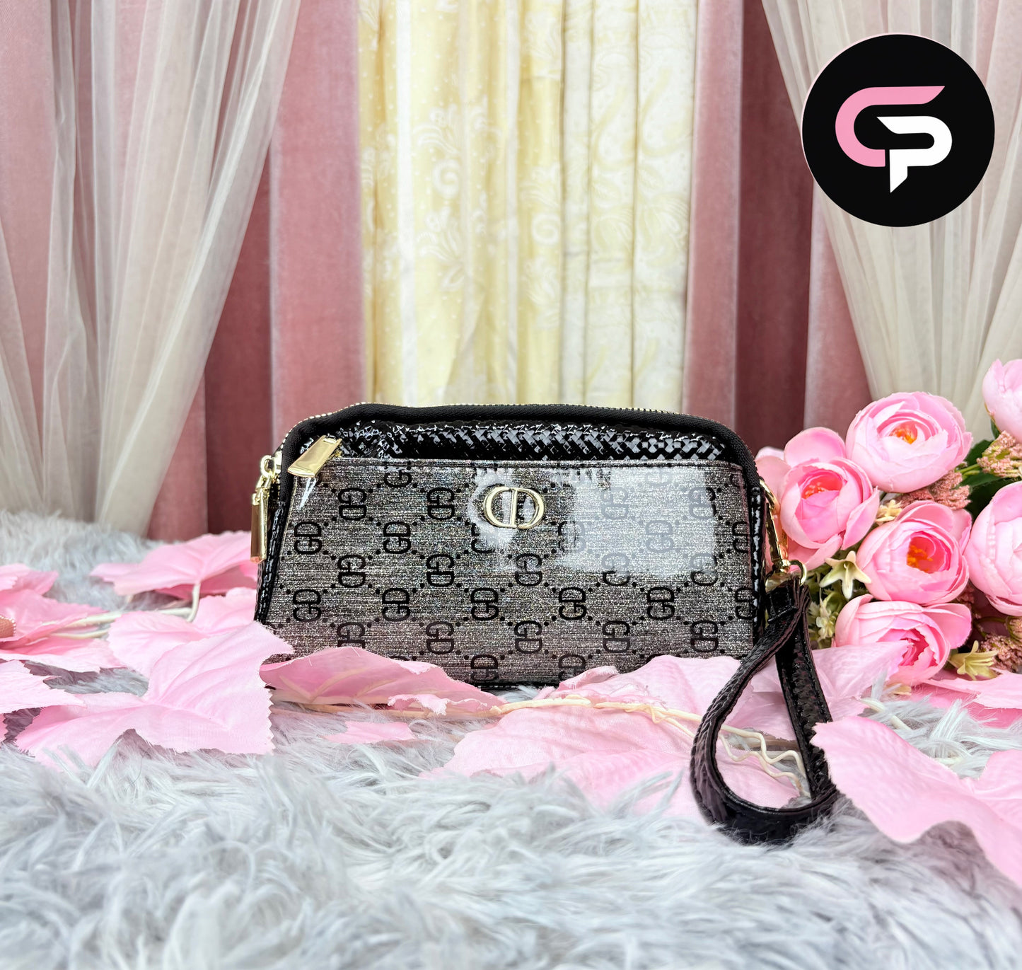 China Imported Black Monogram Wristlet Clutch Bag for Women