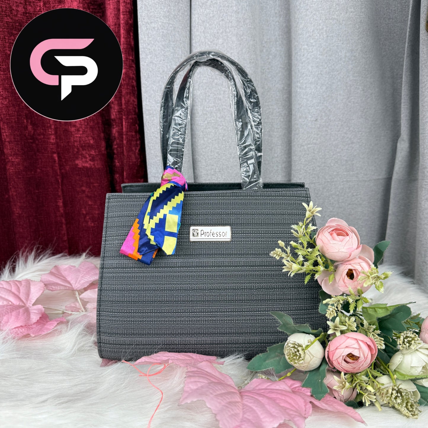 Black Textured Handbag with Decorative Scarf Detail