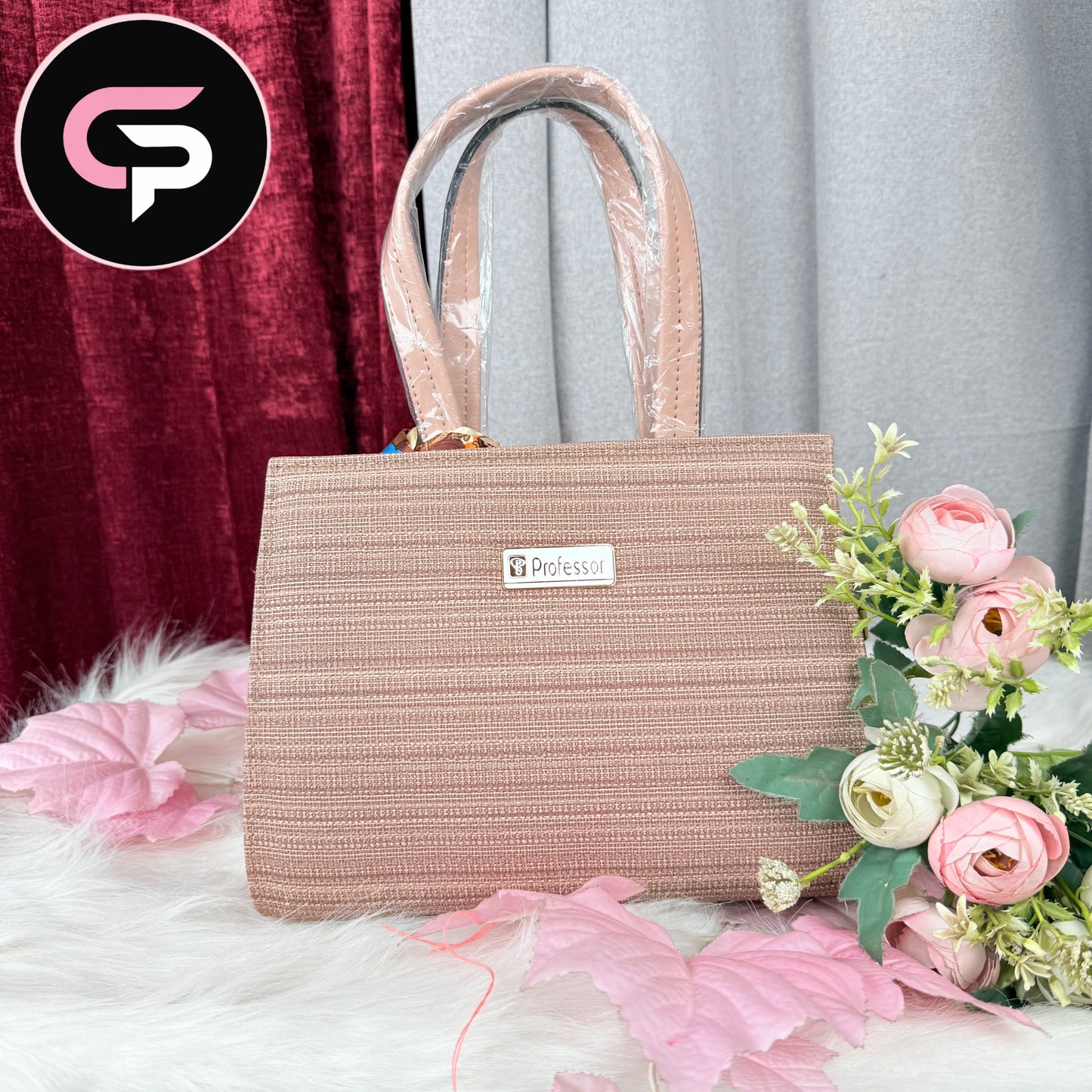 Pink Textured Handbag with Decorative Scarf Detail