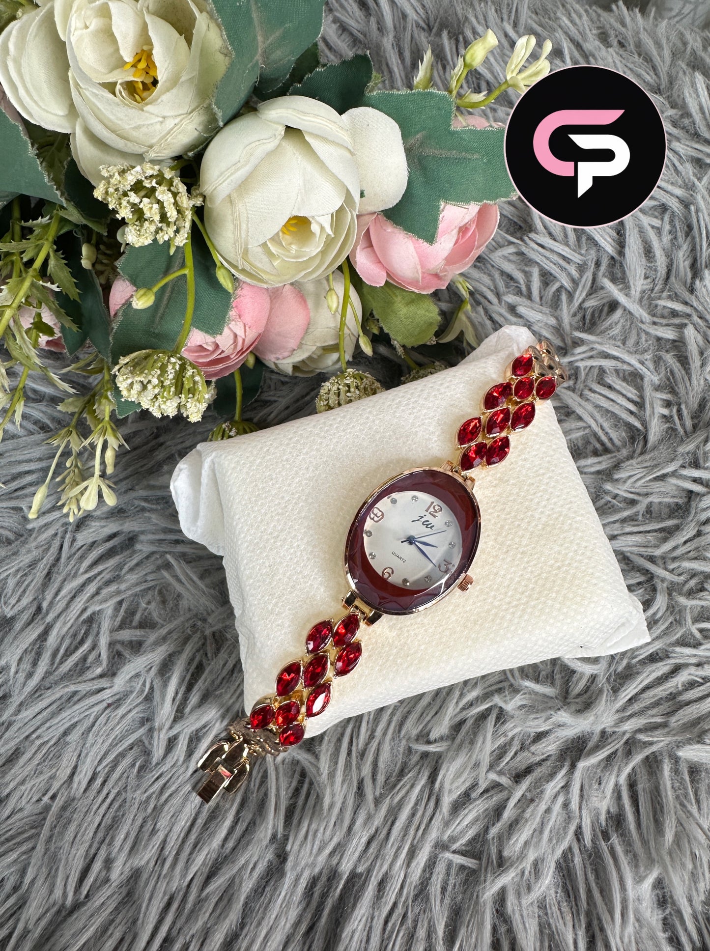 Red Crystal Oval Bracelet Watch for Women