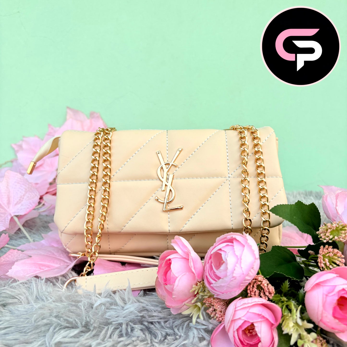 Luxury Quilted Beige Chain Strap Shoulder Bag
