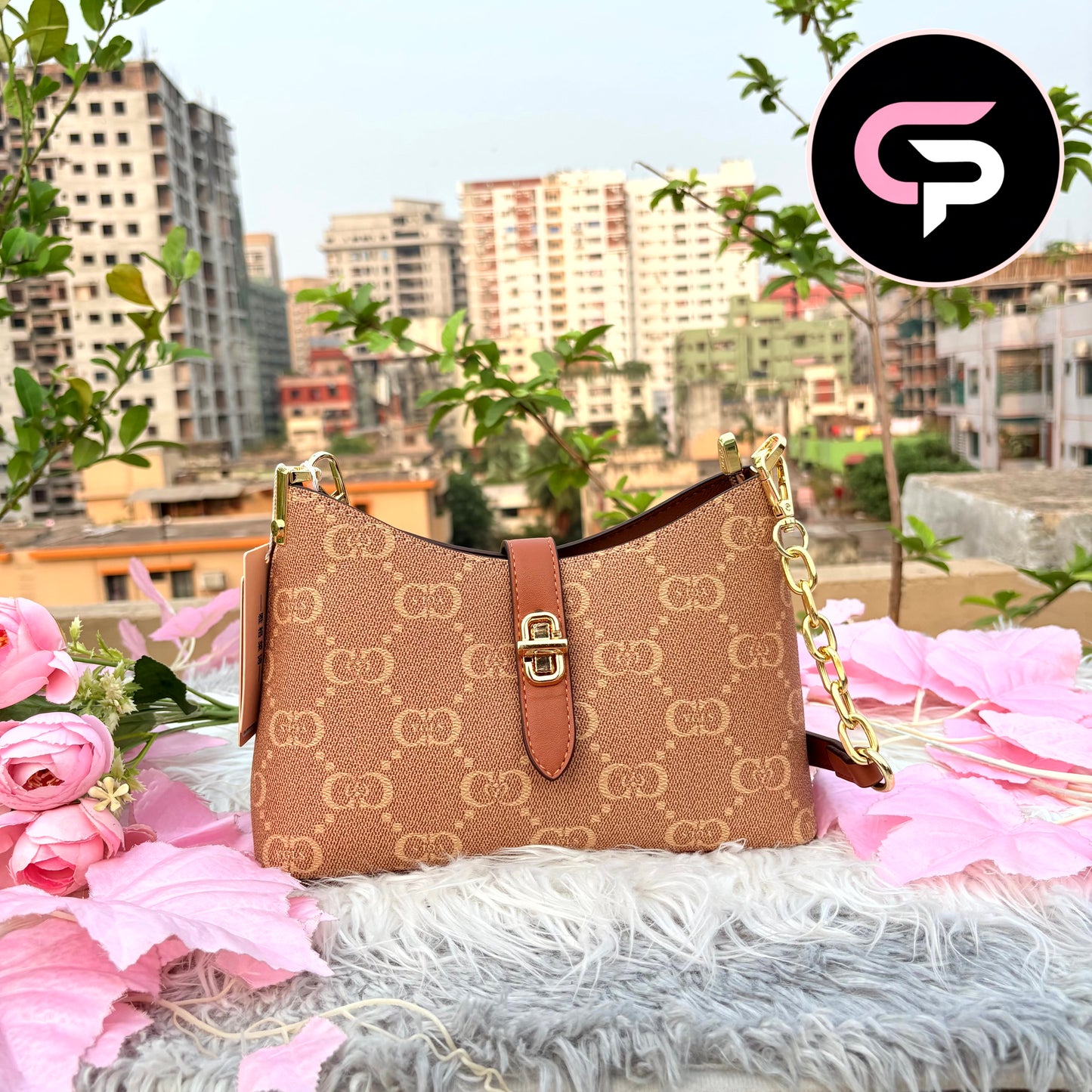 Stylish Brown Monogram Shoulder Bag with Gold Chain Strap