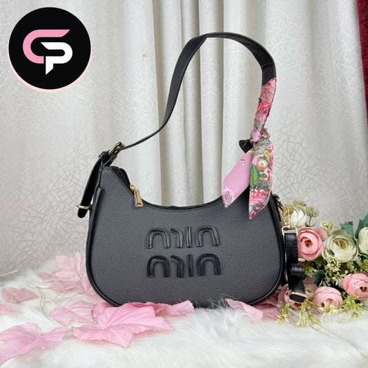 Black Textured Shoulder Bag with Scarf Detail