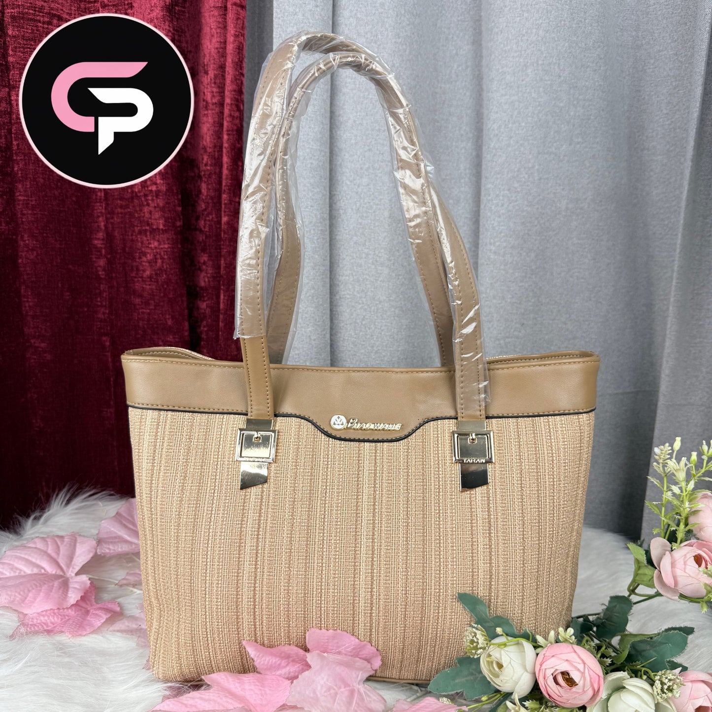 Brown Textured Tote Bag with Dual Shoulder Handles