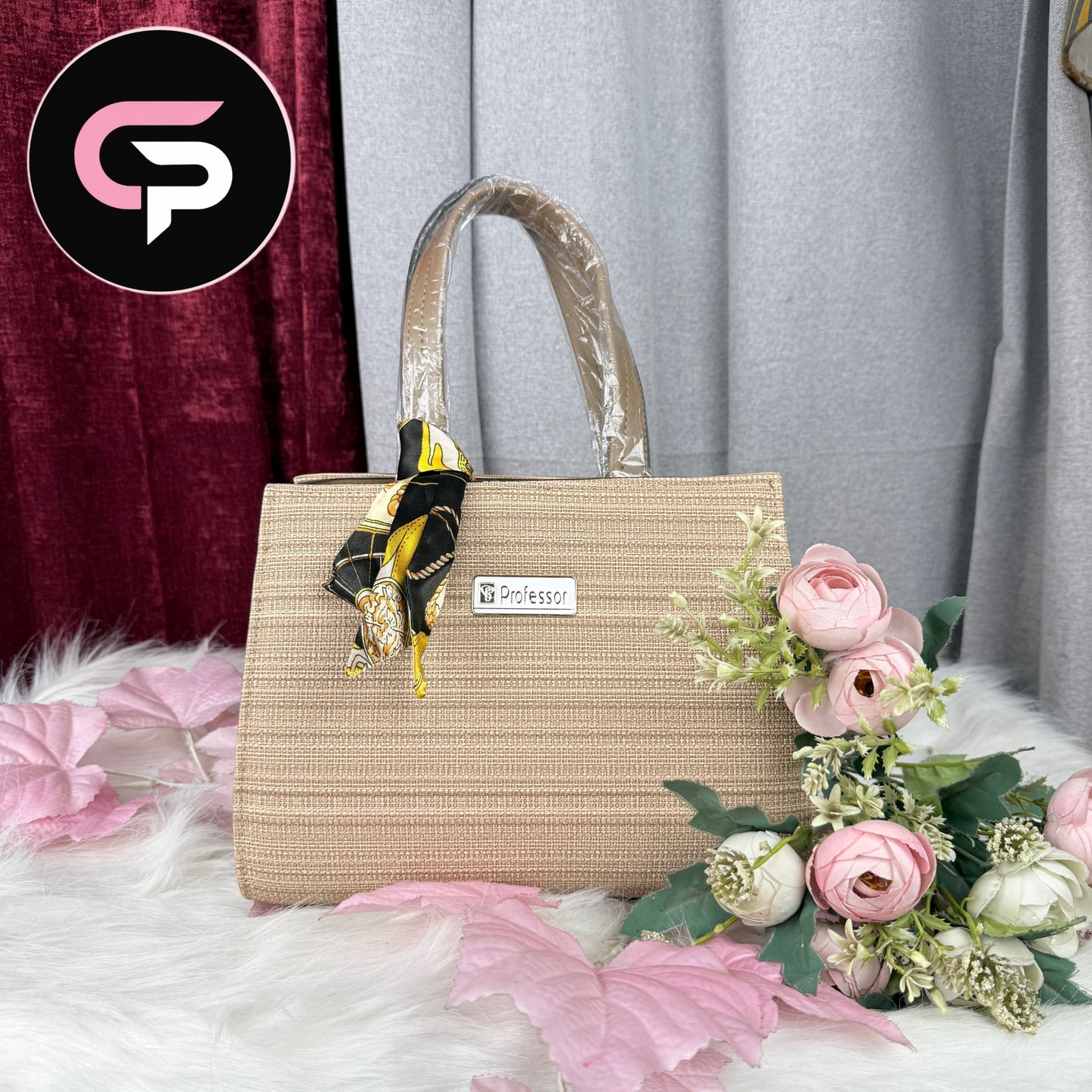 Brown Textured Handbag with Decorative Scarf Detail