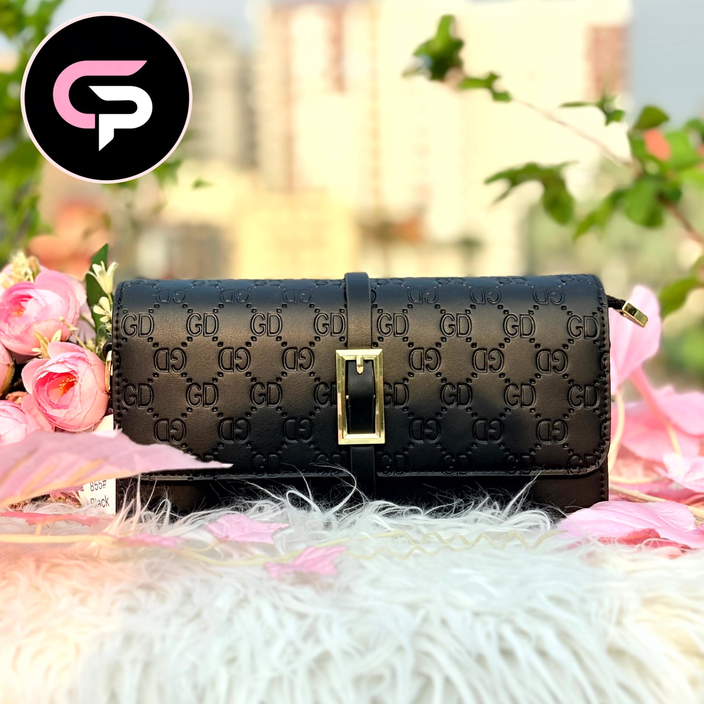 Elegant Black Textured Wallet Clutch with Gold Buckle