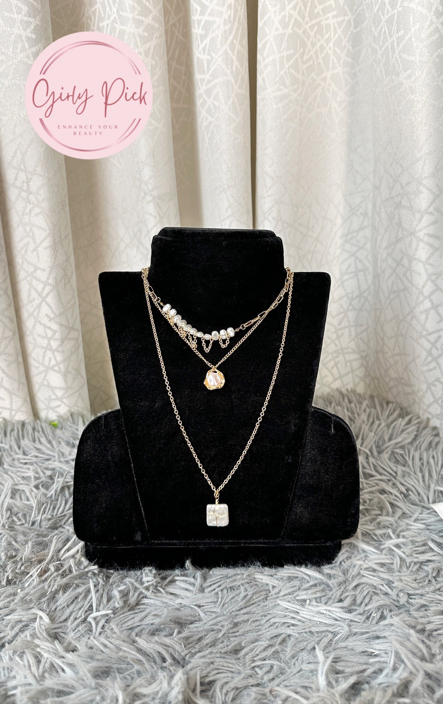Gold-Tone Layered Pearl Necklace with Minimal Pendant