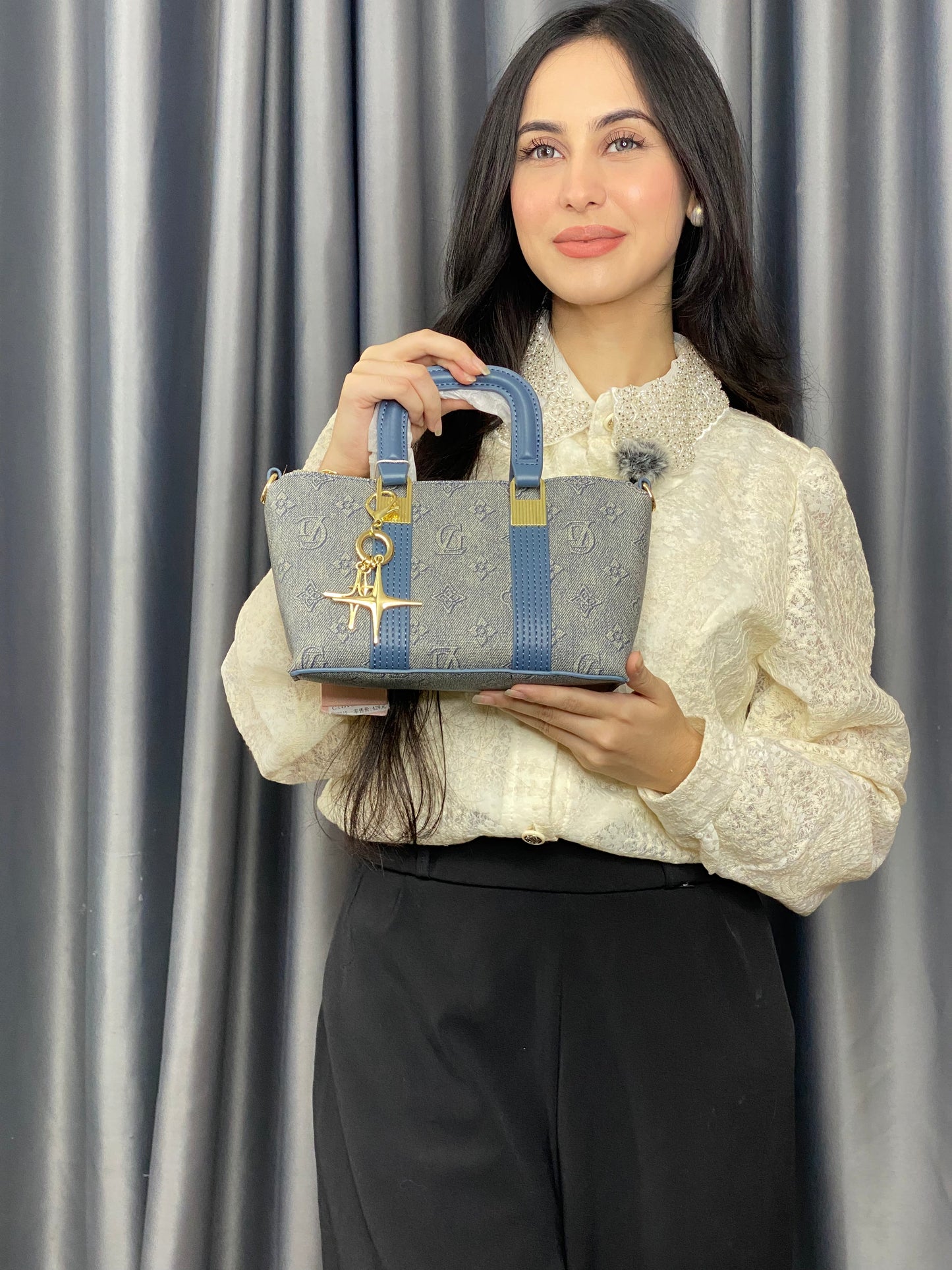China Imported Mini Blue Printed Top Handle Bag for Women