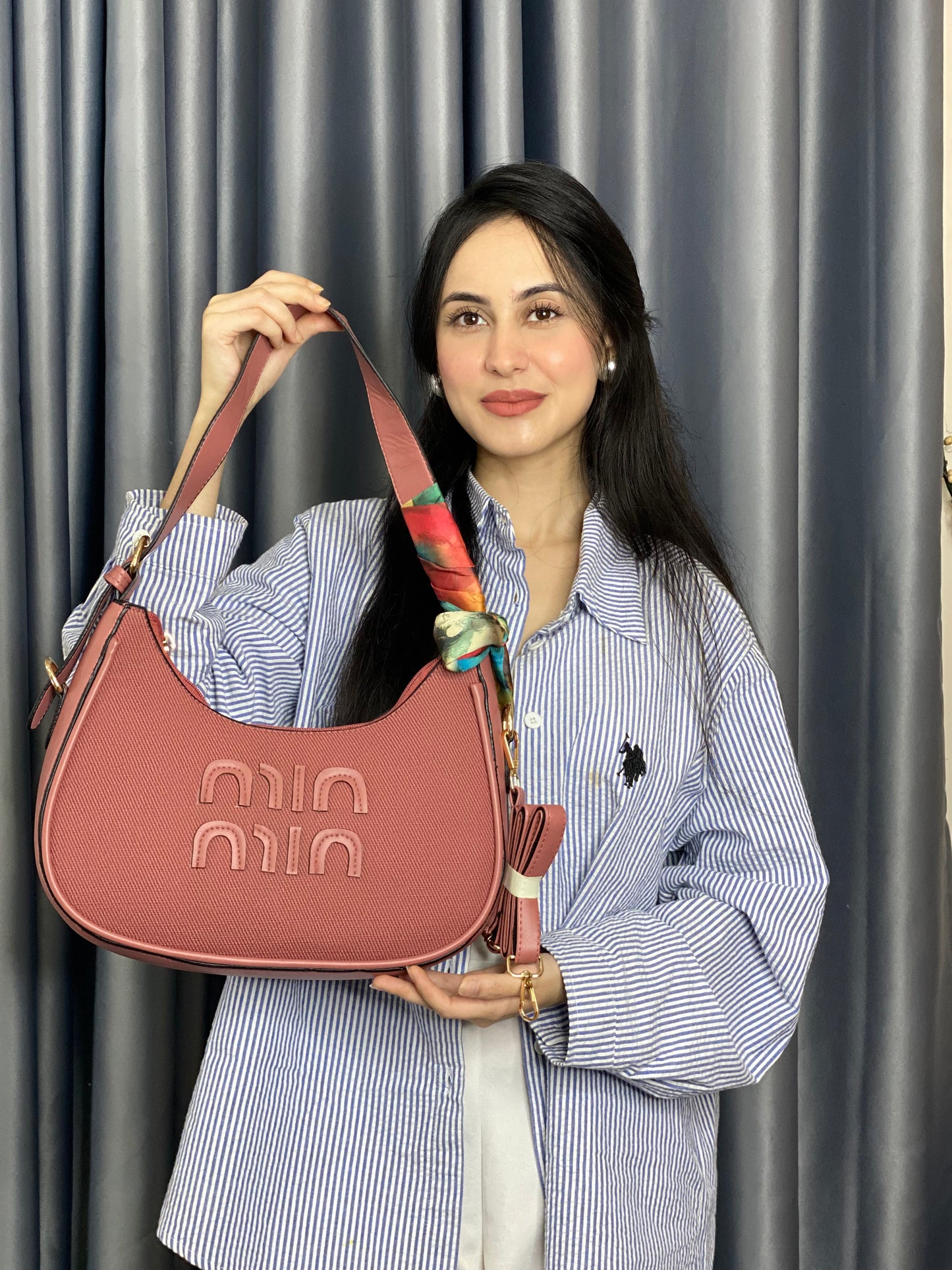 Misti pink Textured Shoulder Bag with Scarf Detail