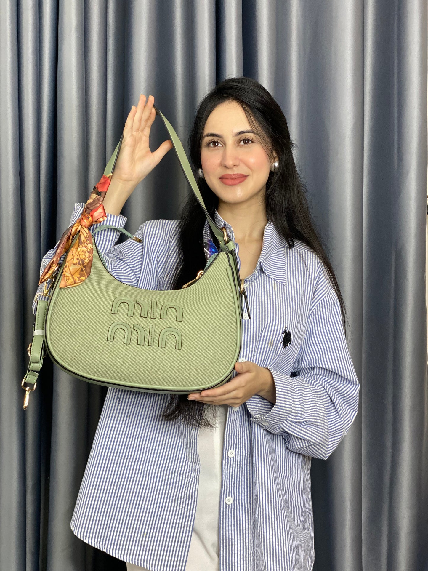 Olive Textured Shoulder Bag with Scarf Detail