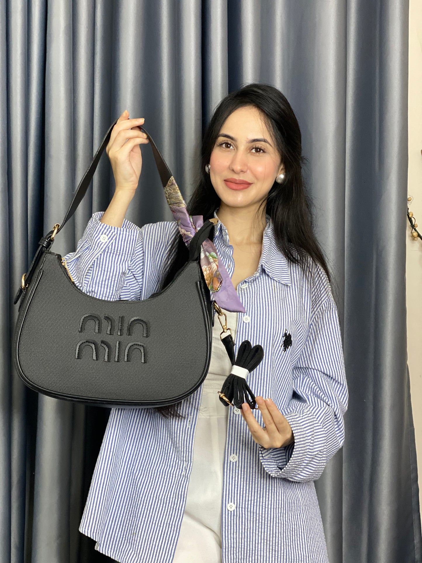 Black Textured Shoulder Bag with Scarf Detail