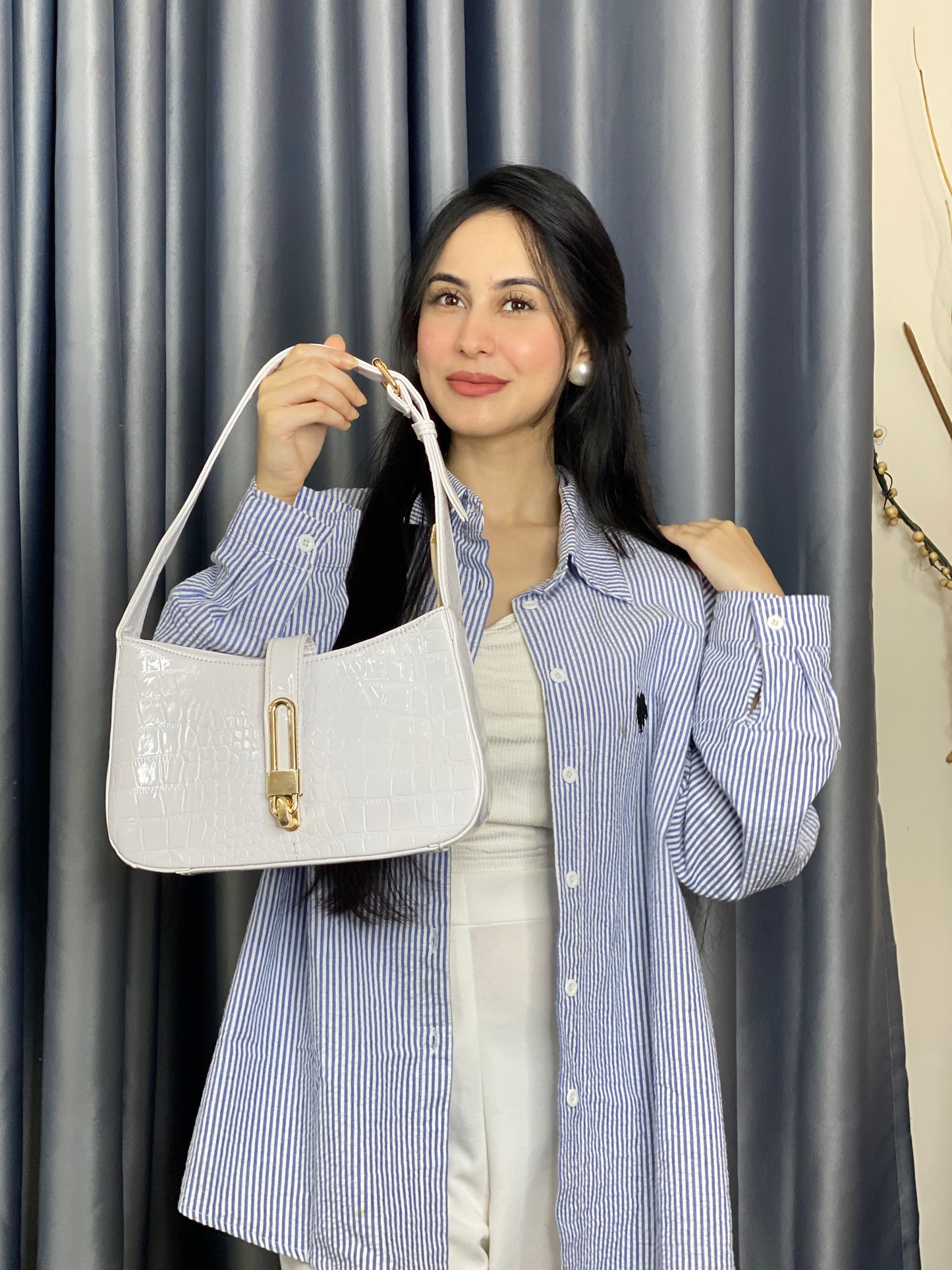 White Croc-Texture Shoulder Bag with Gold Lock Detail