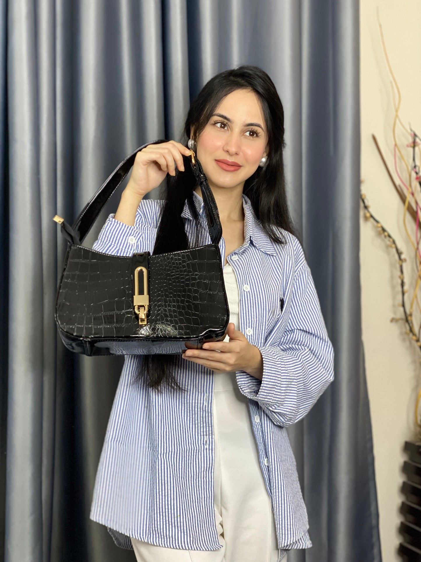 Black Croc-Texture Shoulder Bag with Gold Lock Detail