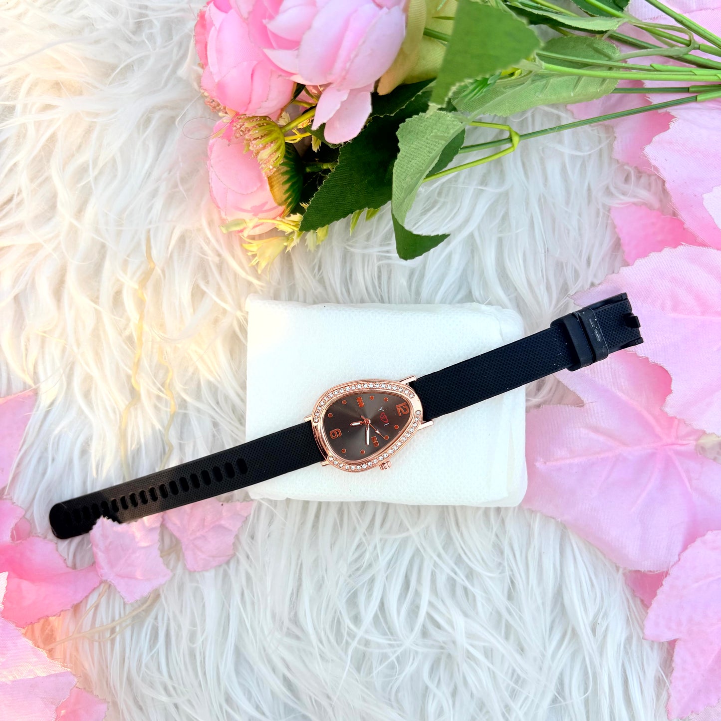 Rose Gold Triangular Dial Watch with Black Strap