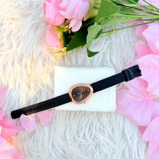Rose Gold Triangular Dial Watch with Black Strap