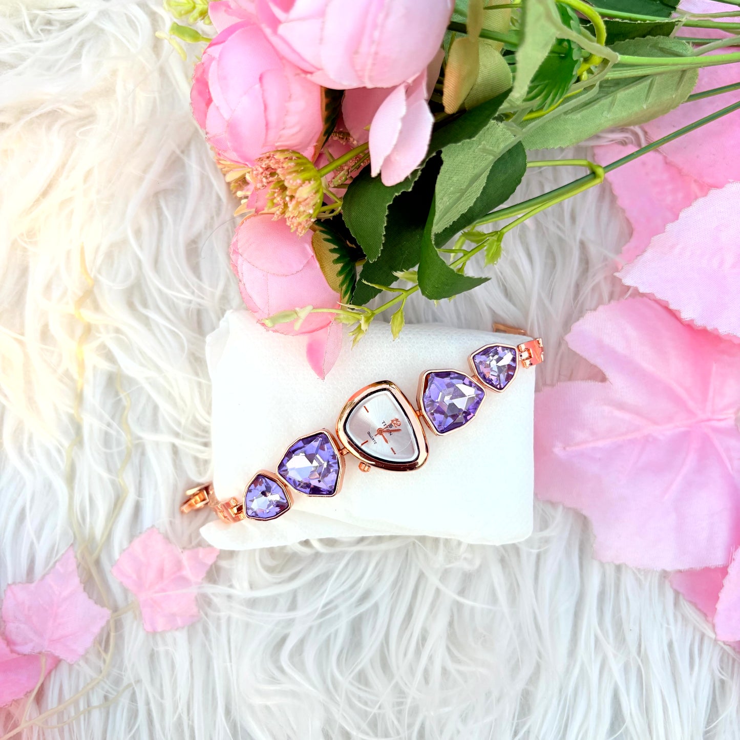 Rose Gold Crystal Bracelet Watch with Pink Dial