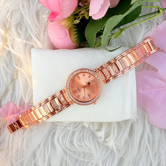 Luxury Rose Gold Crystal Dial Watch with Designer Bracelet Strap