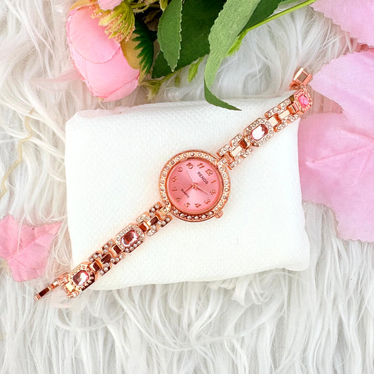 Rose Gold pink Dial Crystal Bracelet Watch