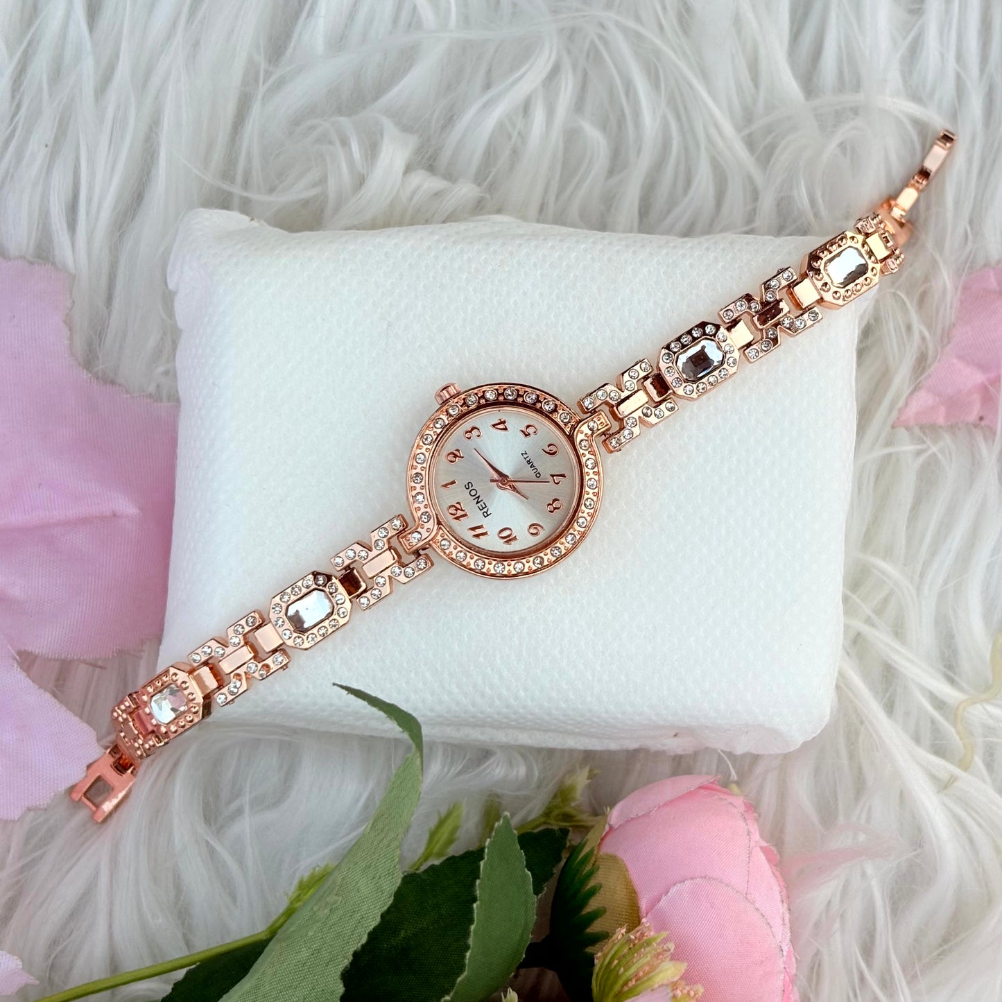 Rose Gold white Dial Crystal Bracelet Watch
