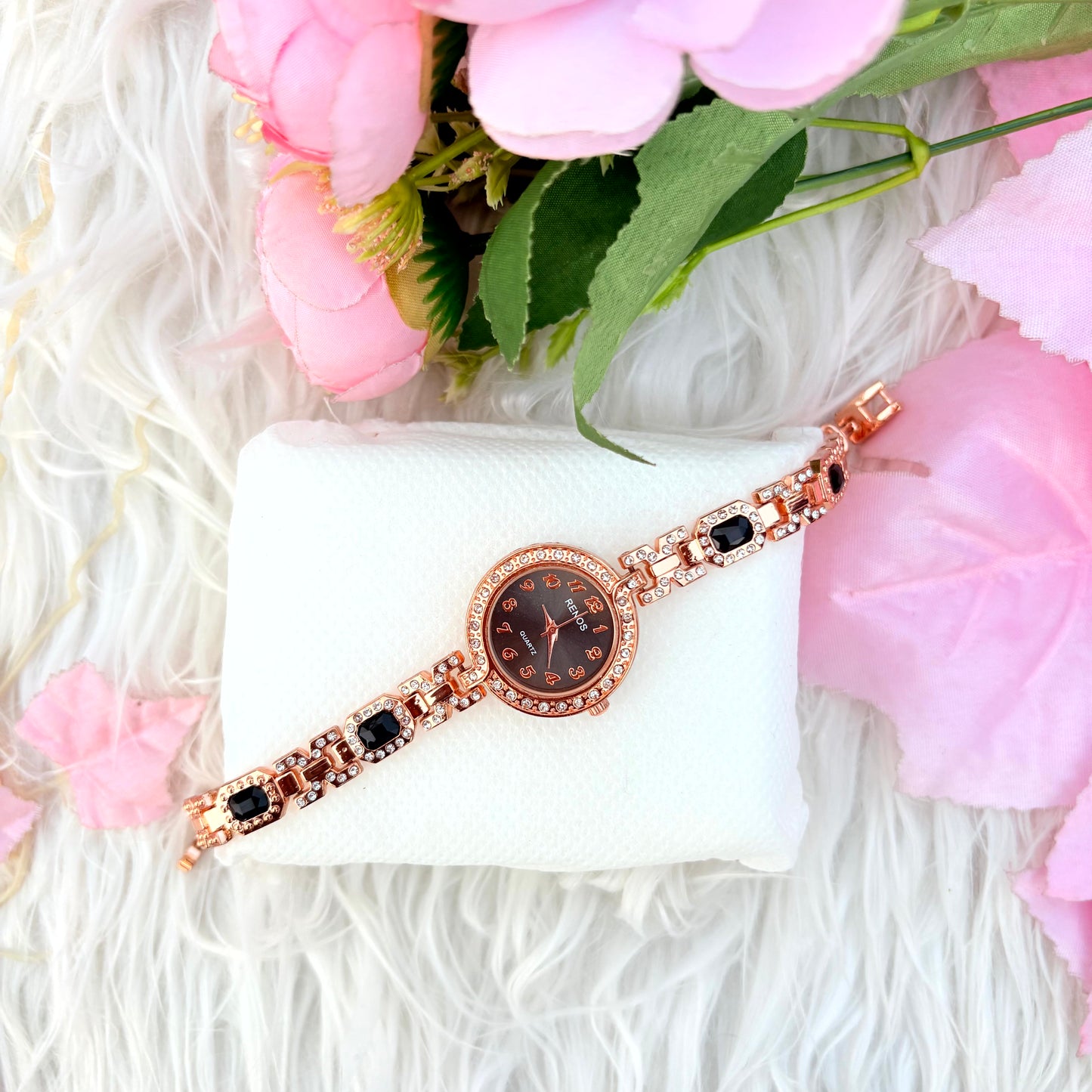 Rose Gold Black Dial Crystal Bracelet Watch