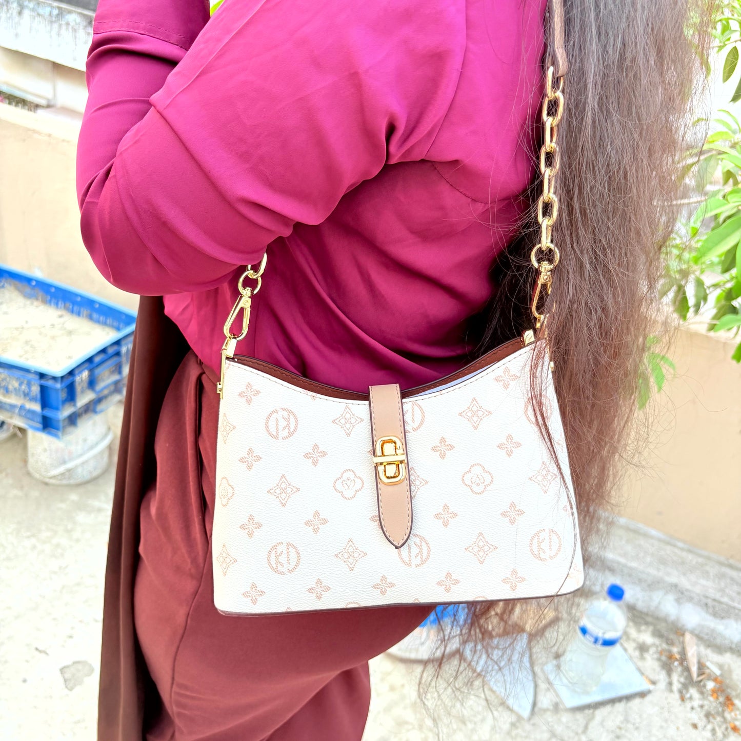 Chic Monogram Print Shoulder Bag with Gold Chain Strap