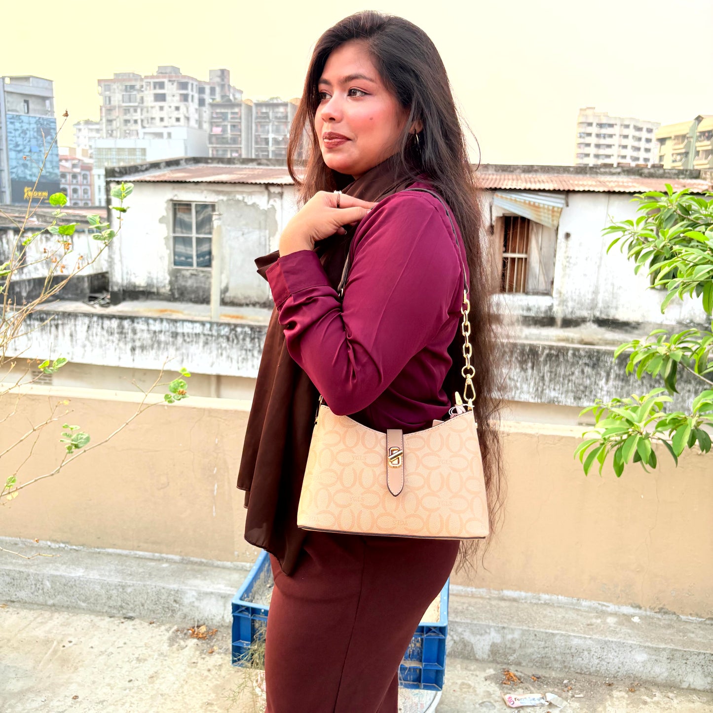 Elegant Beige Monogram Shoulder Bag with Gold Chain Strap