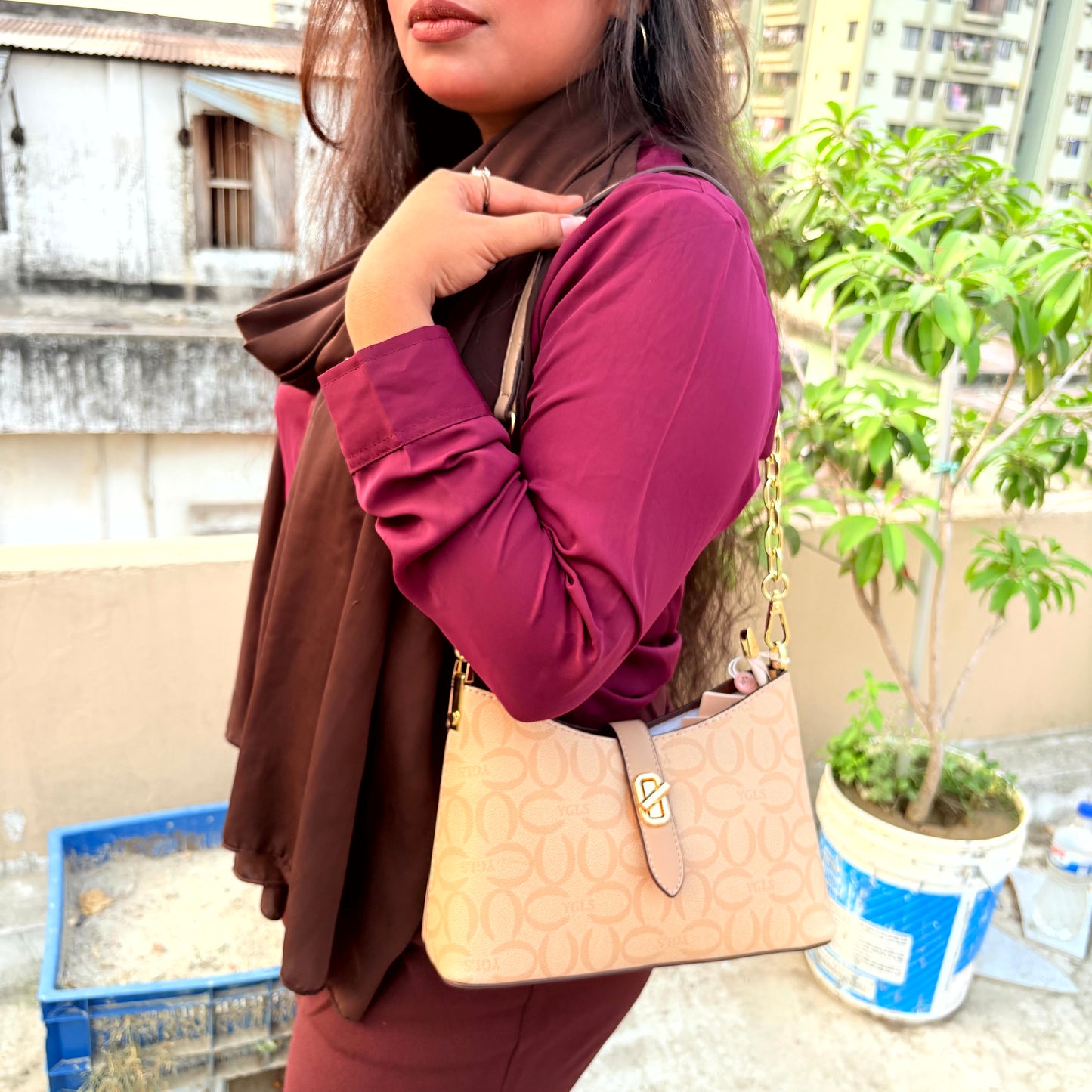 Elegant Beige Monogram Shoulder Bag with Gold Chain Strap
