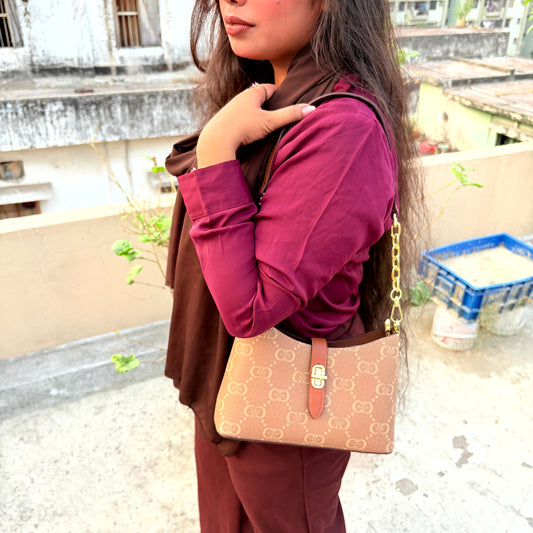 Stylish Brown Monogram Shoulder Bag with Gold Chain Strap