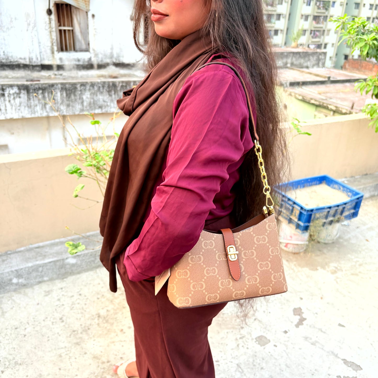 Stylish Brown Monogram Shoulder Bag with Gold Chain Strap