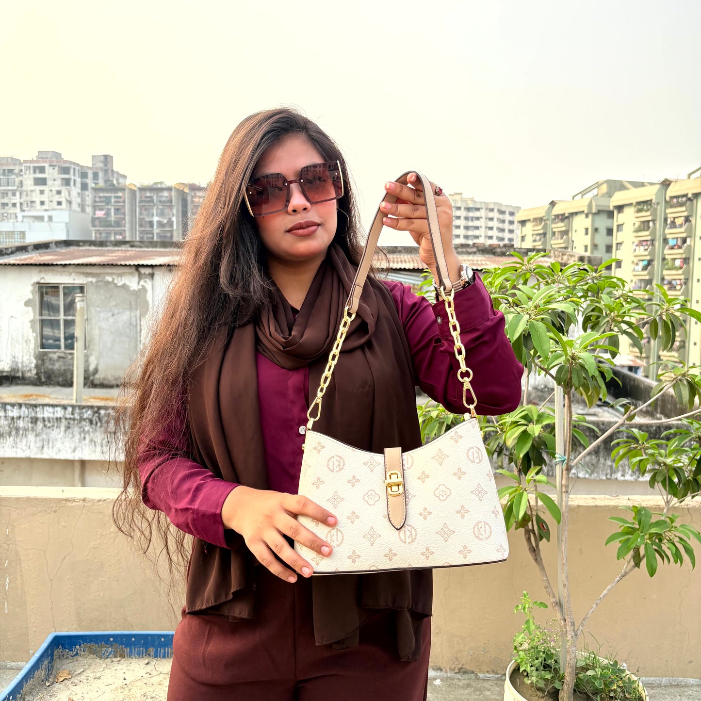 Chic Monogram Print Shoulder Bag with Gold Chain Strap