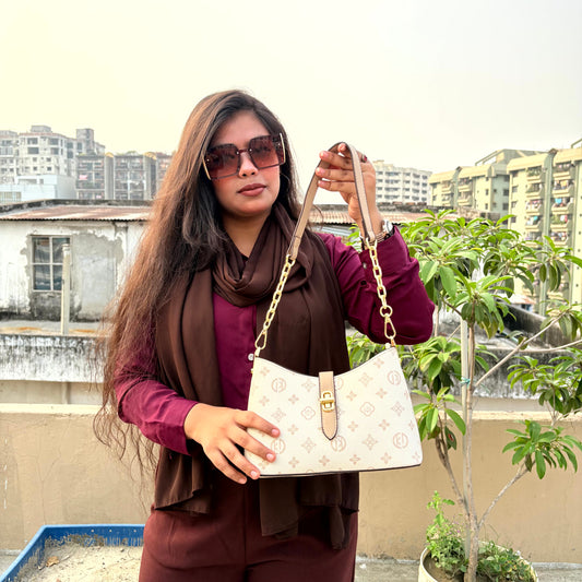Chic Monogram Print Shoulder Bag with Gold Chain Strap