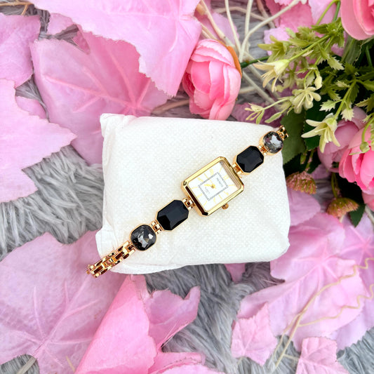 Luxury Black Stone Gold Bracelet Ladies Watch