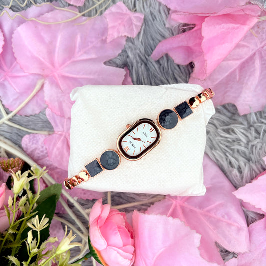 Elegant Black Stone Rose Gold Ladies Bracelet Watch