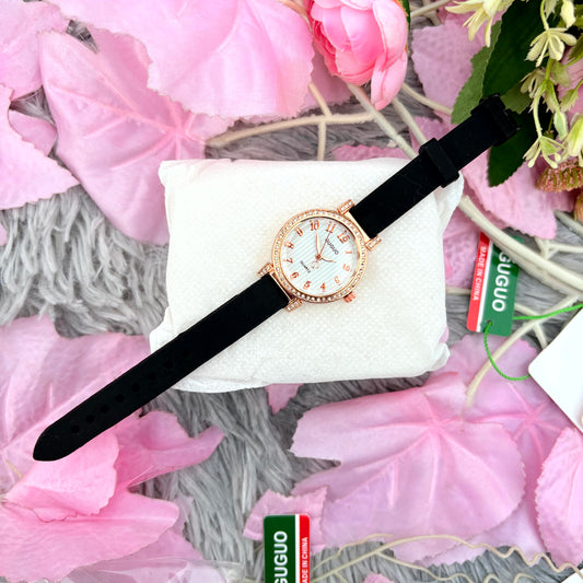 Elegant Black Strap Rose Gold Women’s Watch