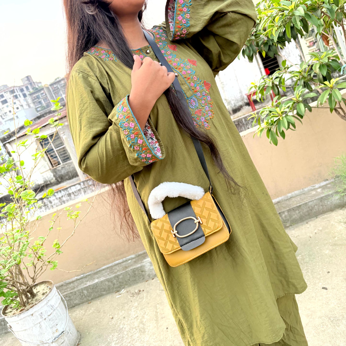 Luxury Fur Handle Mini Handbag for Women – Mustard Yellow