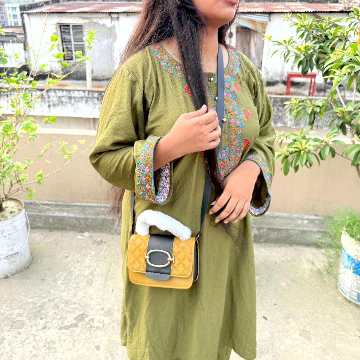 Luxury Fur Handle Mini Handbag for Women – Mustard Yellow