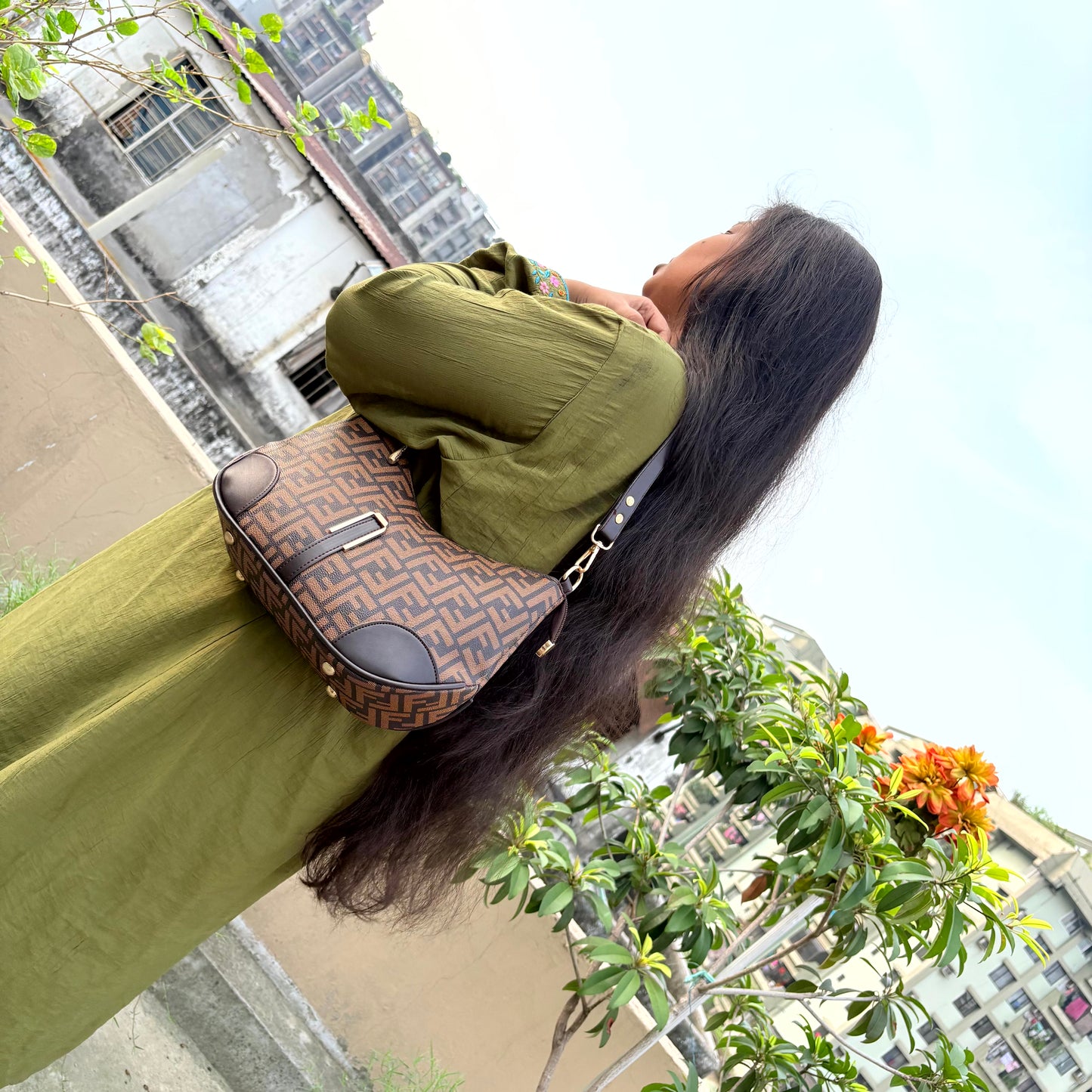 Luxury Monogram Crescent Shoulder Bag for Women –  Brown